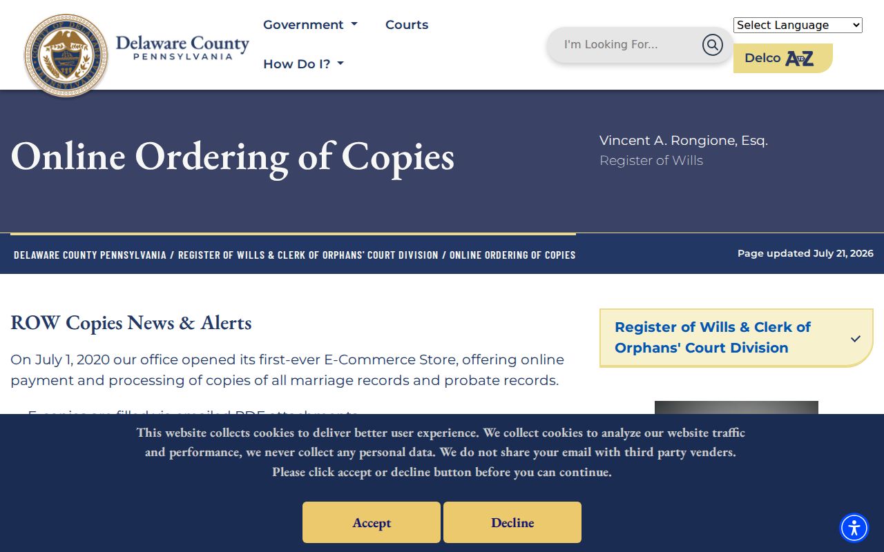 Upper Darby Township previous residents record request through Register e-copies