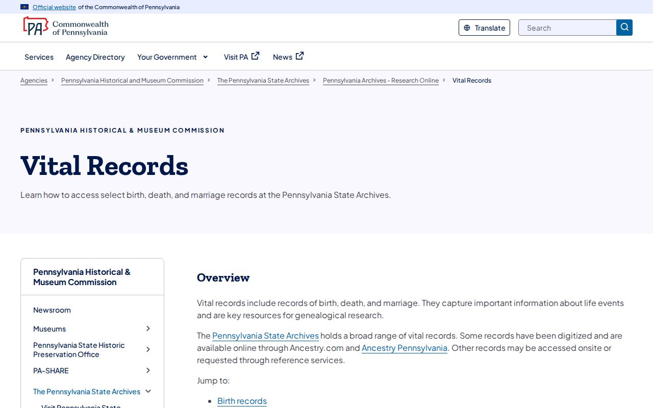 Upper Darby Township resident lookup view of Pennsylvania State Archives vital-record research