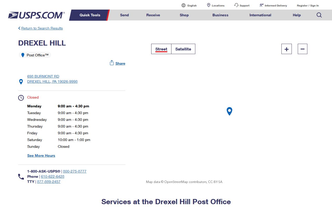 Upper Darby Township ZIP code directory reference showing the USPS Drexel Hill Post Office